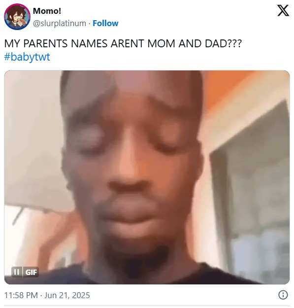 Momo! @slurplatinum. Follow MY PARENTS NAMES ARENT MOM AND DAD??? #babytwt II GIF 11:58 PM - Jun 21, 2025 X