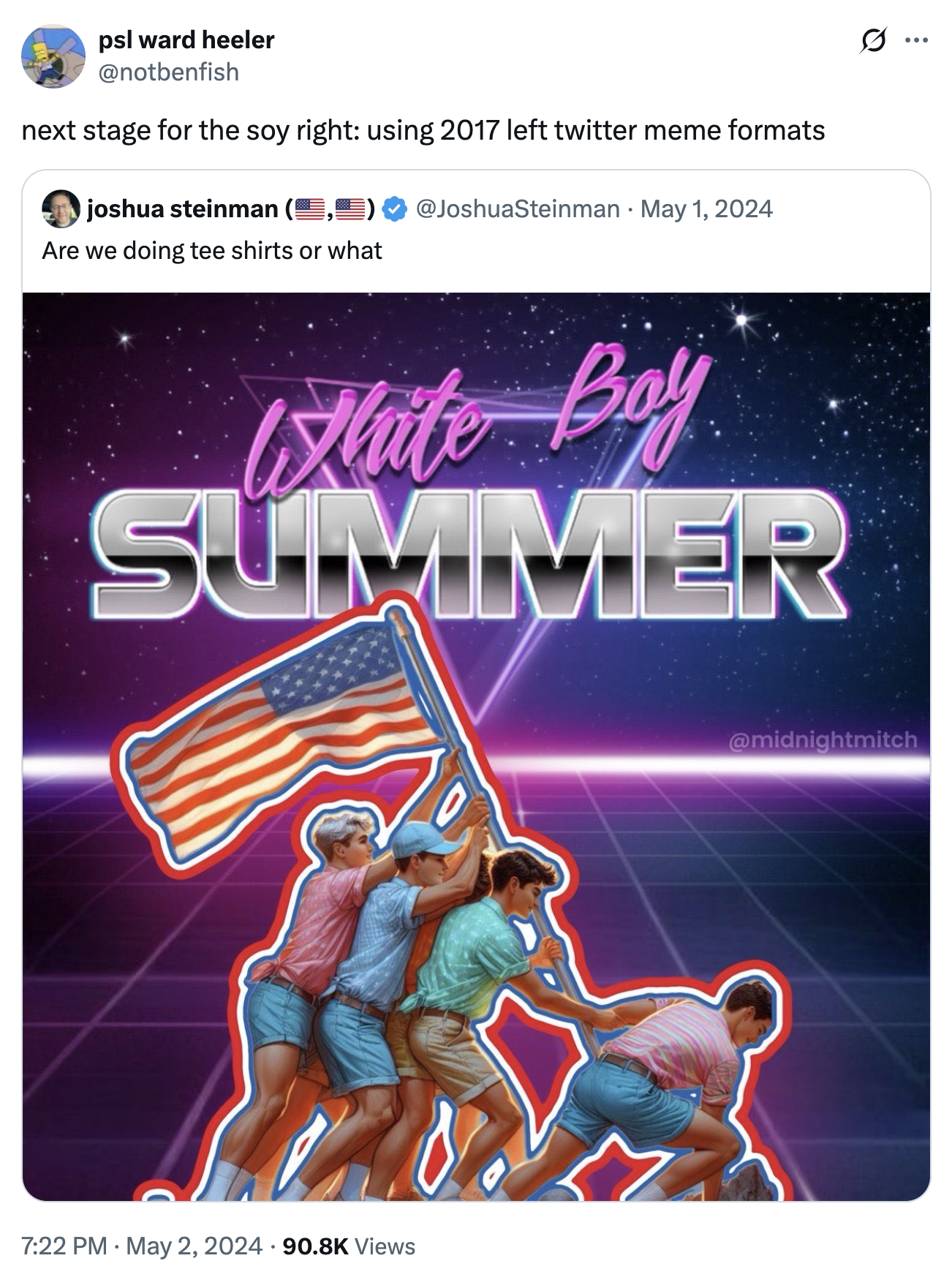 A "quote-tweet":https://knowyourmeme.com/memes/quote-retweets-qrts making fun of a "White Boy Summer":https://knowyourmeme.com/memes/white-boy-summer meme about the "UNC-Chapel Hill Frat Boys Defending American Flag":https://knowyourmeme.com/memes/events/unc-chapel-hill-frat-boys-defending-american-flag, calling it "Soy Right." 