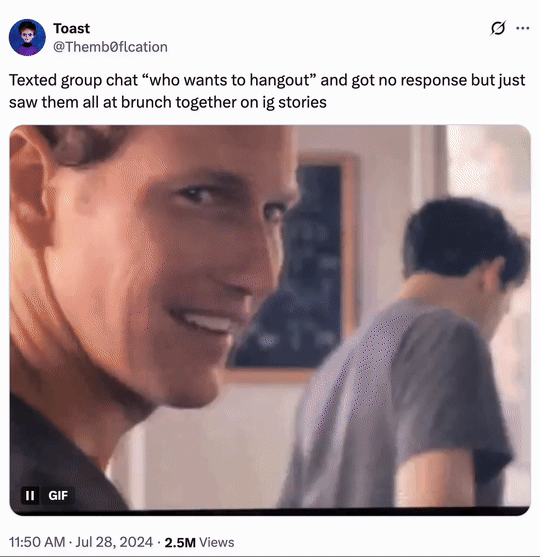 On July 28th, 2024, X user @Themb0flcation wrote, "Texted group chat “who wants to hangout” and got no response but just saw them all at brunch together on ig stories," gathering over 118,000 likes in a year.The tweet was posted alongside a GIF of Lena Dunham saying "Hi" to Patrick Wilson in an episode of the HBO show _Girls_.