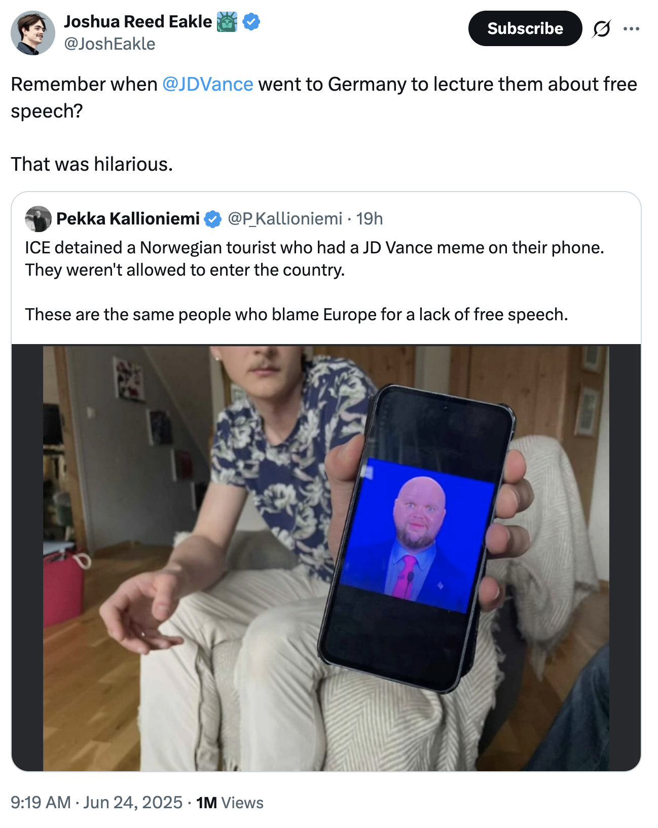 A "tweet":https://knowyourmeme.com/memes/sites/twitter-x criticizing Vice President "J.D. Vance":https://knowyourmeme.com/memes/people/jd-vance for lecturing in Germany about free speech.