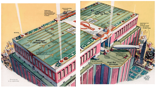 BEACON Drawing by 8. G. SIESTAD TERMINAL AND STORAGE ACCOMMODATIONS FOR TRANSPORT PLANES Altplane Landing Field LANES MED OUT VALING WINd BEAGON FIELD-CONTROL TOWER Airplane Take-Off Field OTROPOLIS TERMINAL AND STORAGE CODATIONS FOR Dir FIELD CONTROL POWER, BLIMP HANGS можна TOWER OF SUN Port For Airships ///// ////// COMPARATIVE SIZE OF EMPIRE STATE BUILDING IN NEW YORK RAMP FOR AUTO PARKING SPACE