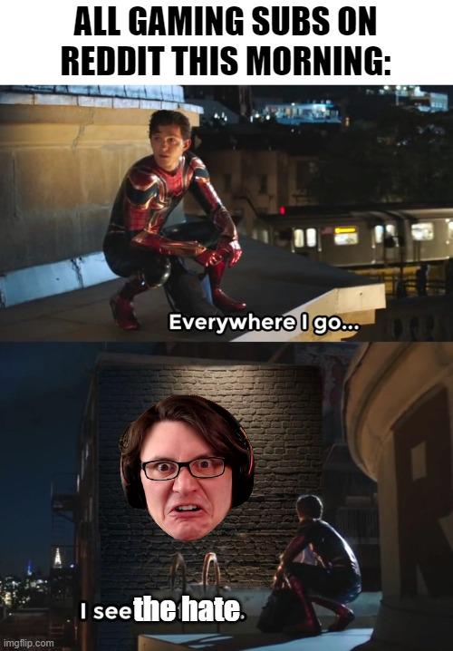 imgflip.com ALL GAMING SUBS ON REDDIT THIS MORNING: Everywhere I go.... I see the hate.