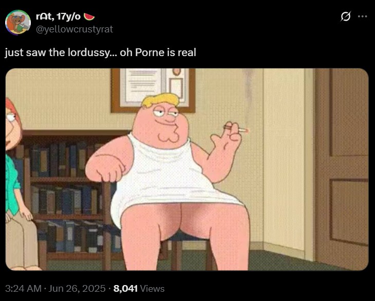 rat, 17y/o @yellowcrustyrat just saw the lordussy... oh Porne is real 3:24 AM Jun 26, 2025 8,041 Views