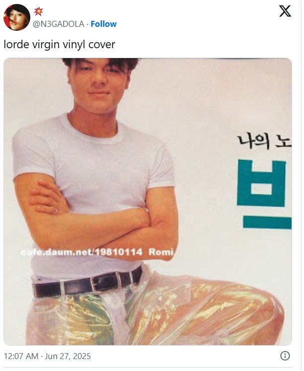 * @N3GADOLA. Follow lorde virgin vinyl cover X cafe.daum.net/19810114 Romi 나의 노 브 12:07 AM · Jun 27, 2025