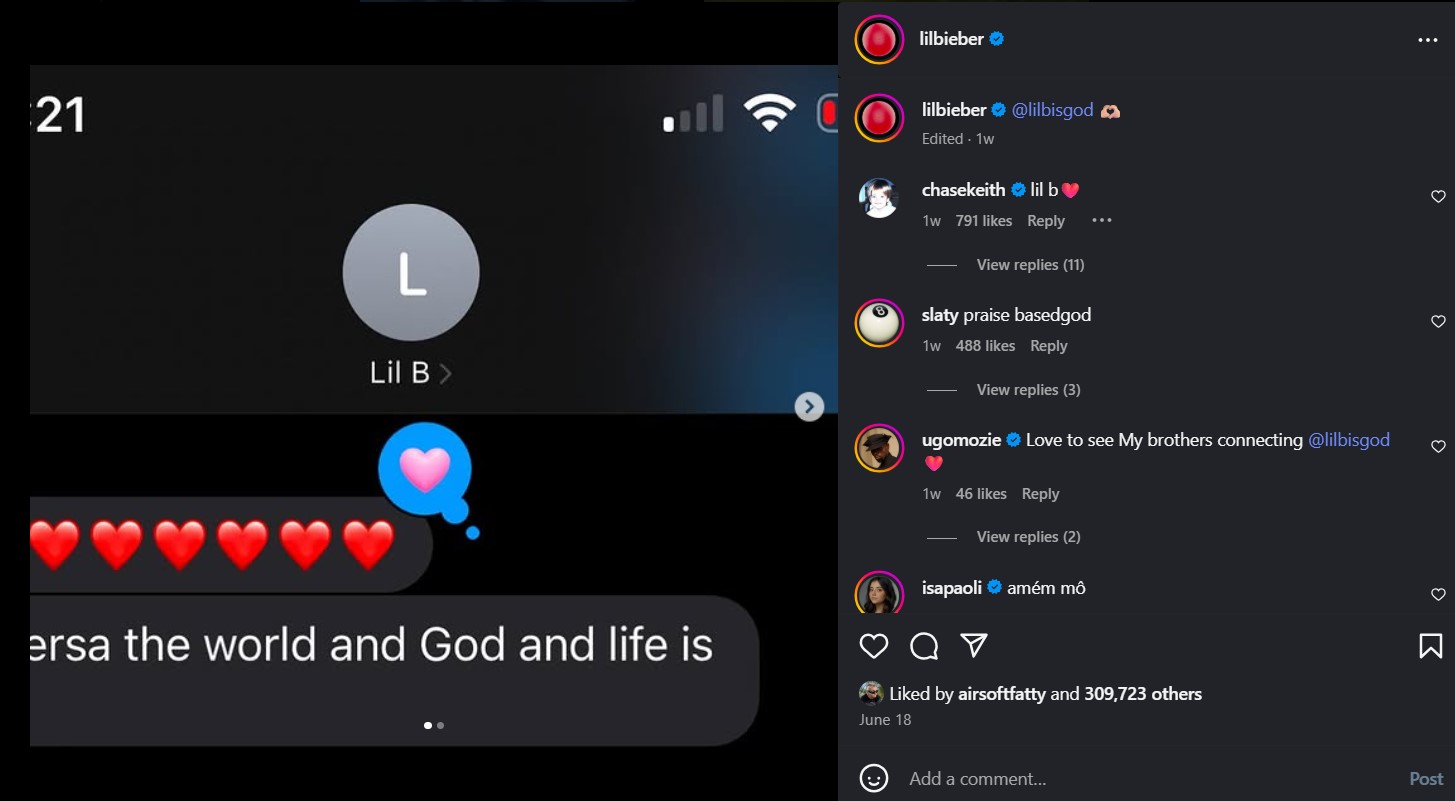 An Instagram post of Justin Bieber DMing with Lil B. Shortly after he changed his name to Lilbieber.