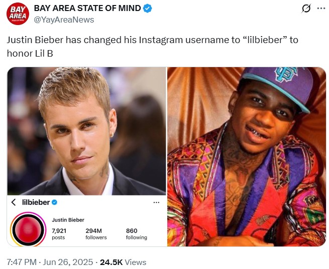 A post reading, "Justin Bieber has changed his Instagram username to “lilbieber” to honor Lil B." 