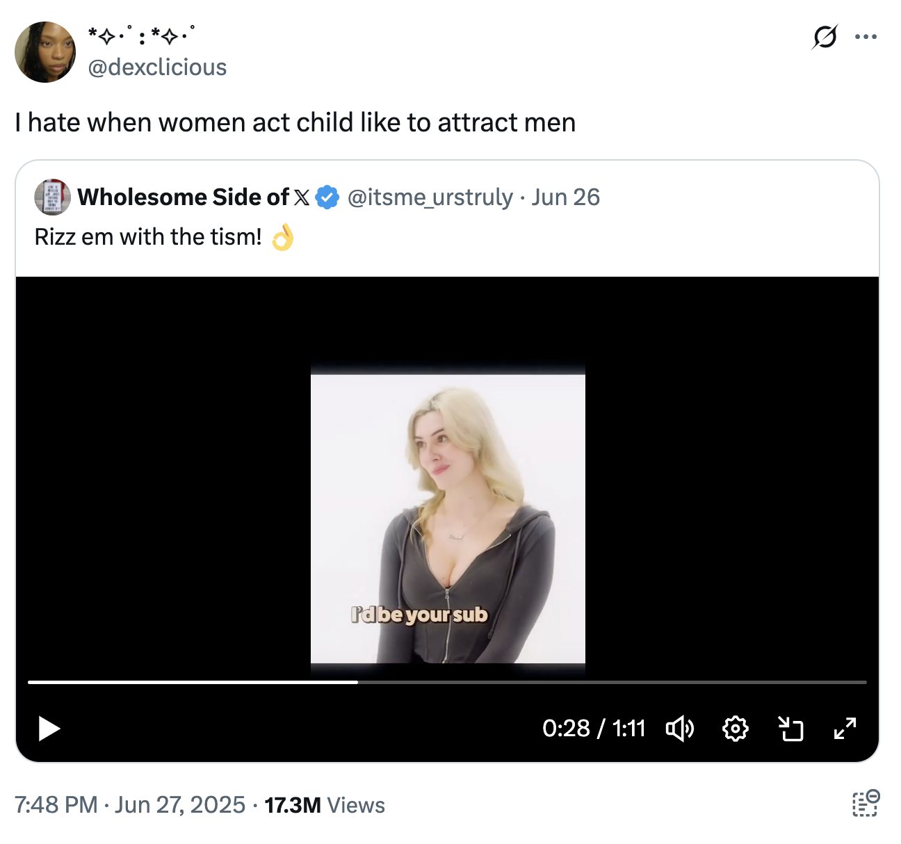 A "quote-tweet":https://knowyourmeme.com/memes/quote-retweets-qrts about Rachel, the "Rizz":https://knowyourmeme.com/memes/rizz-unspoken-rizz 'Em With the 'Tism Girl, reading, "I hate when women act child like to attract men."