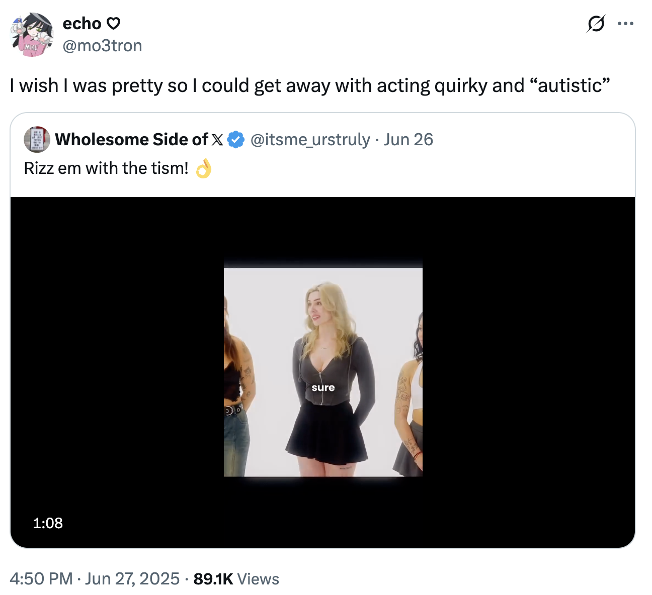 A "quote-tweet":https://knowyourmeme.com/memes/quote-retweets-qrts about Rachel, the "Rizz":https://knowyourmeme.com/memes/rizz-unspoken-rizz 'Em With the 'Tism Girl, reading, "I wish I was pretty so I could get away with acting quirky and 'autistic.'"