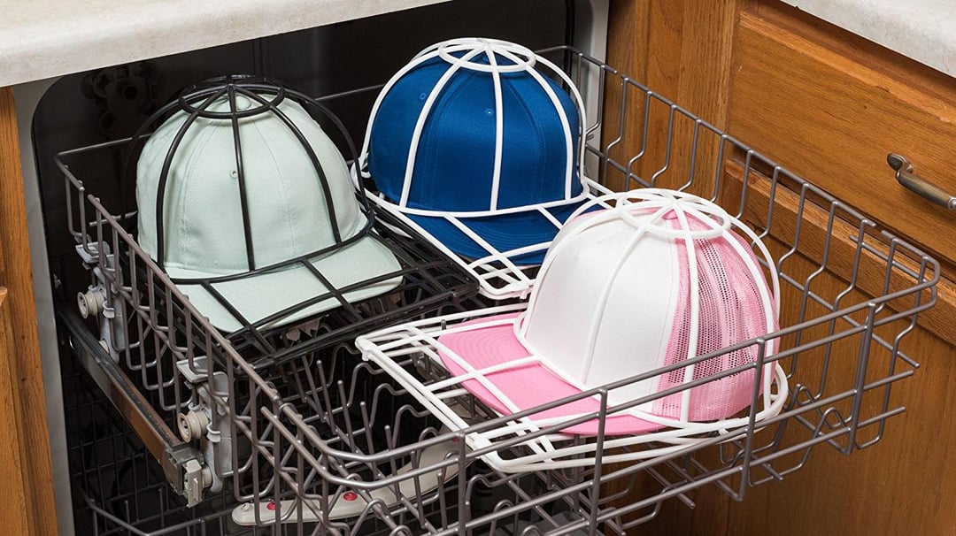 A holder to clean hats in the dishwasher