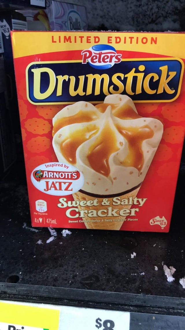 LIMITED EDITION Peters Drumstick Energy 930 Inspired by ARNOTT'S JATZ Per 74g serve 4x 475mL Sweet & Salty Cracker Sweet Golden Syrup & Salty Cracker Pieces $Q Since 63