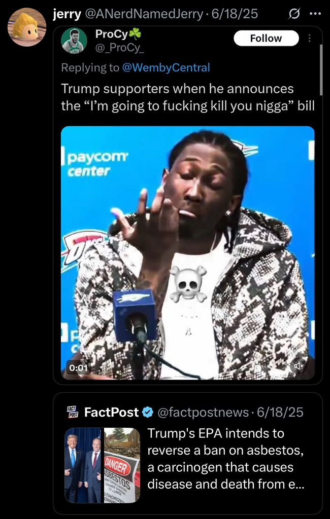 A "quote-tweet":https://knowyourmeme.com/memes/quote-retweets-qrts using the "I'm Going To F------ Kill You" Bill screenshot to joke about Trump's EPA intending to reverse a ban on asbestos.