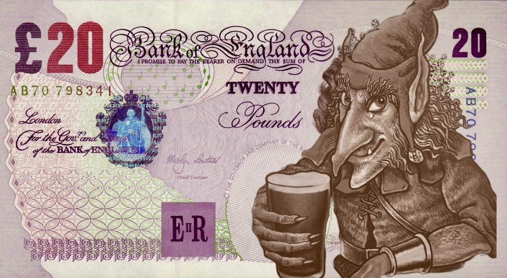 X user @dank_ackroyd posted their suggestion on the banknote redesign announced by the Bank of England. The post features a 20-pound note featuring the "What's the matter, Lagerboy":https://knowyourmeme.com/memes/whats-the-matter-lagerboy hobgoblin.