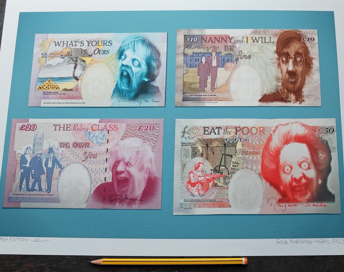 X user @wefail posted a tweet in response to a BBC tweet announcing that the Bank of England is taking suggestions for a banknote redesign, presenting a collection of notes with horror-themed edits of British figures like Margaret Thatcher and Boris Johnson. The post gathered over 3,000 likes in a day.