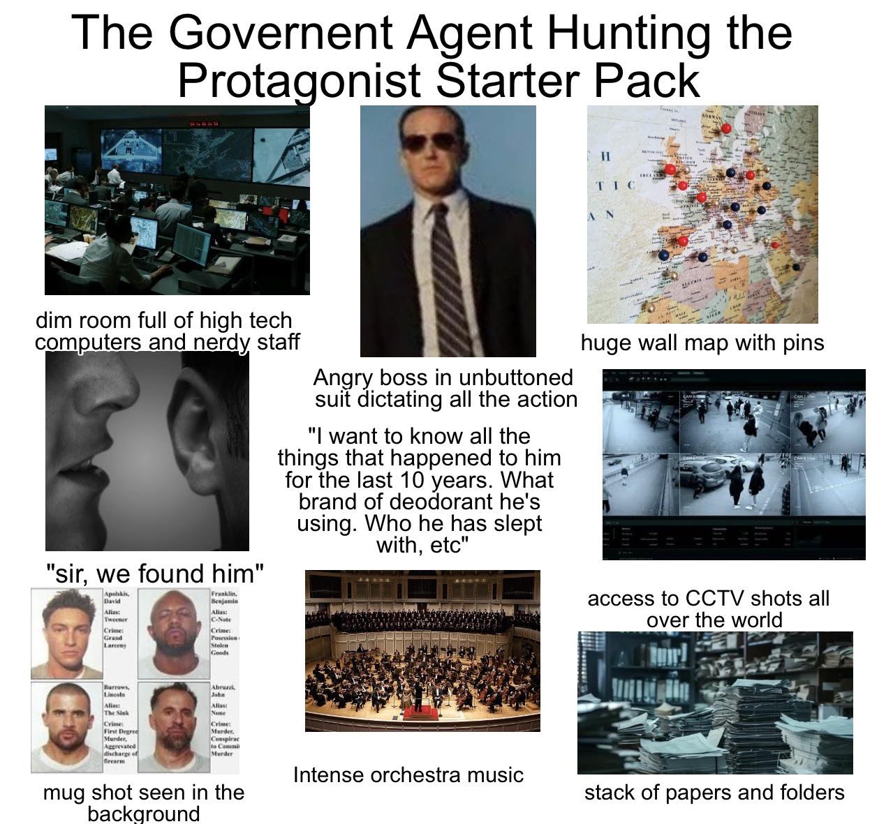 The Governent Agent Hunting the Protagonist Starter Pack dim room full of high tech computers and nerdy staff "sir, we found him" Apolskis. David Alias: Tweener Crime: Grand Larceny Franklin. Benjamin Alias: C-Note Crime Posession c Stolen Goods Angry boss in unbuttoned suit dictating all the action "I want to know all the things that happened to him for the last 10 years. What brand of deodorant he's using. Who he has slept with, etc" Burrows, Lincoln Alias: Abruzzi, John Allast The Sisk None Crime Crime: First Degree Murder, Aggrevated discharge of firearm Murder, Conspirac to Commi Murder mug shot seen in the background H TIC huge wall map with pins access to CCTV shots all over the world Intense orchestra music stack of papers and folders