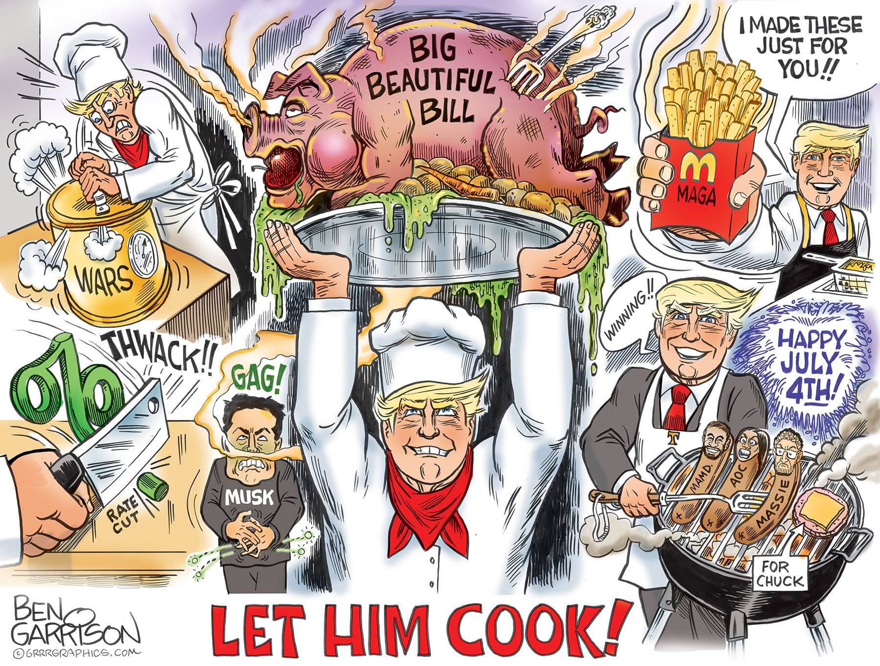 Since coming down the elevator and announcing his run for president, Donald Trump has faced opposition.

The GOP establishment did everything they could to thwart him. The Democrats and their media arms first laughed at him and then viciously and relentlessly attacked him. They used law fare, lies and impeachment to stop him when he was first elected president.

Joe Biden wanted Trump in jail. Instead, he was elected for another term. Trump learned a lot from his first term. It’s time to tone down the objections and let him fulfill his promises to the voters. If the complainers can’t stand the heat, they should get out of his kitchen.

To be sure, the ‘Big Beautiful Bill’ as President Trump called it is indeed full of pork. Musk has a point. So does Ron Paul.

They say the mega bill, if passed, will run up the national debt too much, but it has already been run up too much and it can’t be paid back

Let’s see what Trump can do to help our country. He knows what he’s doing. Let him cook.

Will the Big Beautiful Bill pass the House? We will see.

Happy Independence Day! 🇺🇸🇺🇸🇺🇸

— The GrrrTeam 
