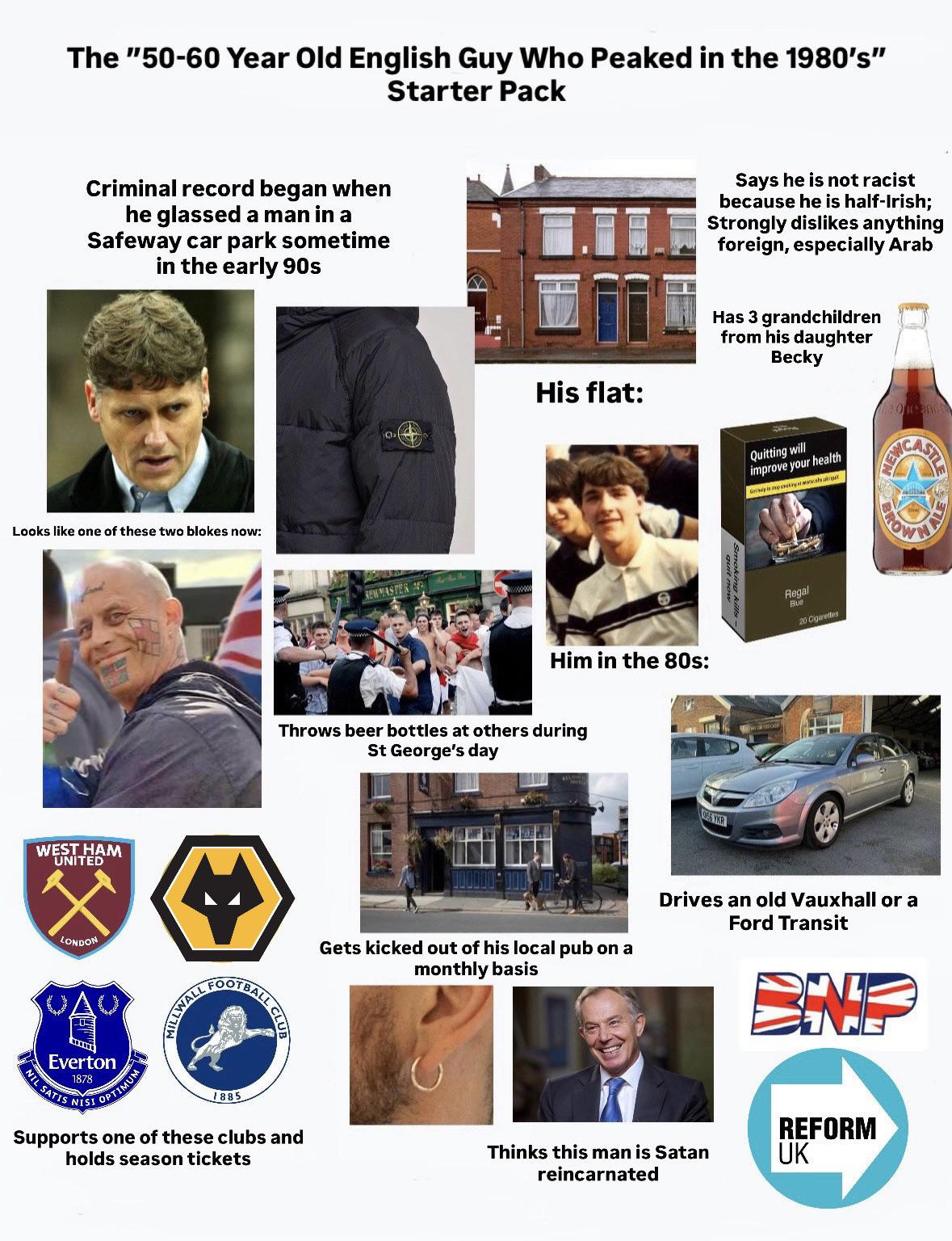 The "50-60 Year Old English Guy Who Peaked in the 1980's" Starter Pack Criminal record began when he glassed a man in a Safeway car park sometime in the early 90s Looks like one of these two blokes now: WEST HAM UNITED LONDON MILLWALL KEW MASTER His flat: Says he is not racist because he is half-Irish; Strongly dislikes anything foreign, especially Arab Has 3 grandchildren from his daughter Becky Quitting will improve your health Gripps www. Regal Blue Him in the 80s: 20 Cigarettes Throws beer bottles at others during St George's day BALL CLUB 56 VIKR NEW RO CAST Gets kicked out of his local pub on a monthly basis Drives an old Vauxhall or a Ford Transit Everton 1878 NIL SATIS NISI OPTIMUM 1885 Supports one of these clubs and holds season tickets Thinks this man is Satan reincarnated BNP REFORM UK