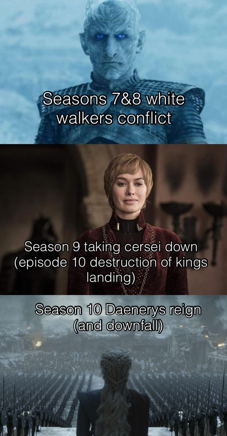 Seasons 7&8 white walkers conflict Season 9 taking cersei down (episode 10 destruction of kings landing) Season 10 Daenerys reign (and downfall)