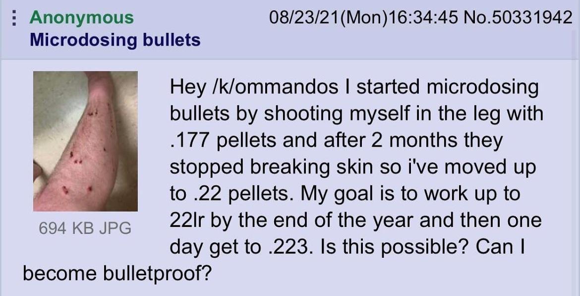 Anonymous Microdosing bullets 694 KB JPG 08/23/21(Mon)16:34:45 No.50331942 Hey /k/ommandos I started microdosing bullets by shooting myself in the leg with .177 pellets and after 2 months they stopped breaking skin so i've moved up to .22 pellets. My goal is to work up to 22lr by the end of the year and then one day get to .223. Is this possible? Can I become bulletproof?