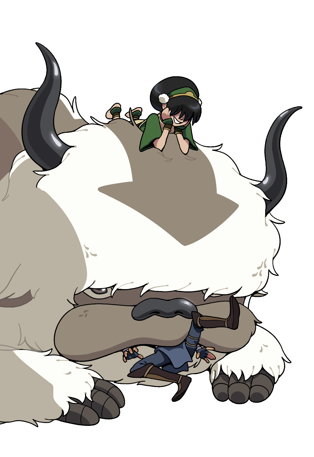 Toph laying on Appa's head as he chews on Sokka