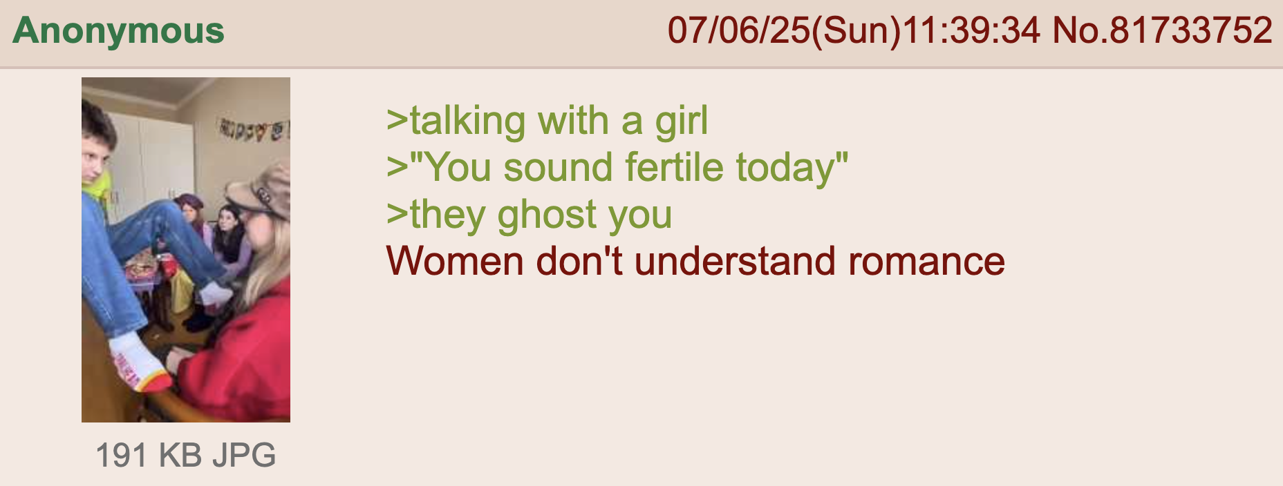 Anonymous 191 KB JPG 07/06/25(Sun)11:39:34 No.81733752 >talking with a girl >"You sound fertile today" >they ghost you Women don't understand romance