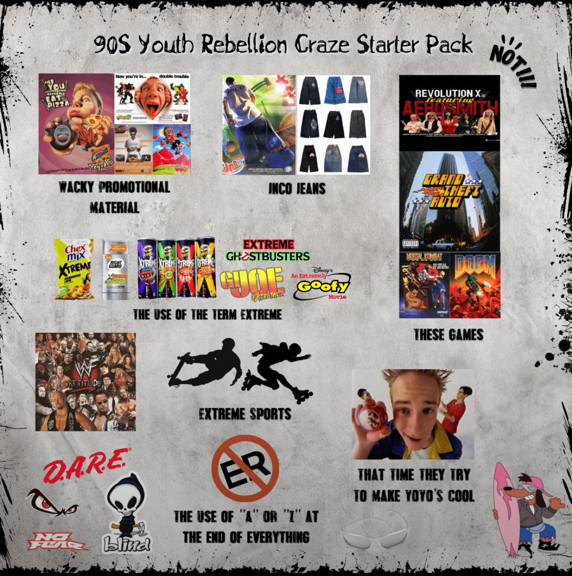 Ad You EAT PIZZA 90S Youth Rebellion Craze Starter Pack Now you're in double trouble WACKY PROMOTIONAL MATERIAL INCO JEANS Chex mix XTREME TREN XTREME TRENS TREME EXTREME GHOSTBUSTERS RANK CODE XTREME THE USE OF THE TERM EXTREME Disney's An Extremely Goofy Movie ATTITUDE DARE صح EXTREME SPORTS ER A blind NOTIII REVOLUTION X❤ featuring TI THEFT RUTO ADVISORY MARTAL KIMBAT DOOM THESE GAMES THAT TIME THEY TRY TO MAKE YOYO'S COOL THE USE OF "A" OR "I" AT THE END OF EVERYTHING