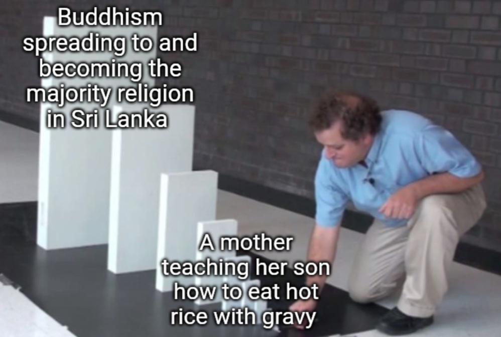 Buddhism spreading to and becoming the majority religion in Sri Lanka A mother teaching her son how to eat hot rice with gravy
