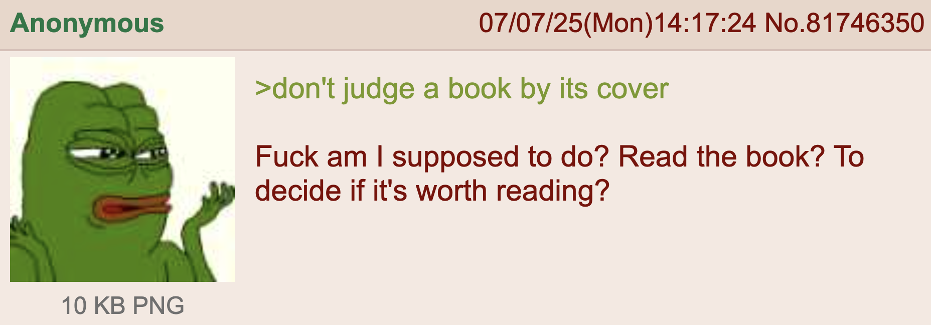 Anonymous 10 KB PNG 07/07/25(Mon)14:17:24 No.81746350 >don't judge a book by its cover F--- am I supposed to do? Read the book? To decide if it's worth reading?