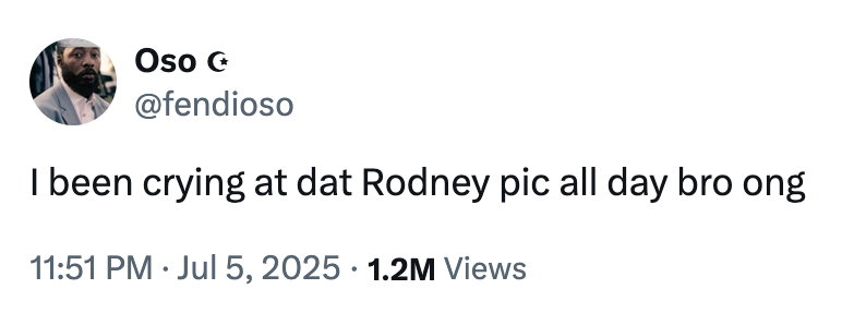 On July 5th, X user @fendioso tweeted the image of Lil Rodney Son alongside a tweet that read, "I been crying at dat Rodney pic all day bro ong."