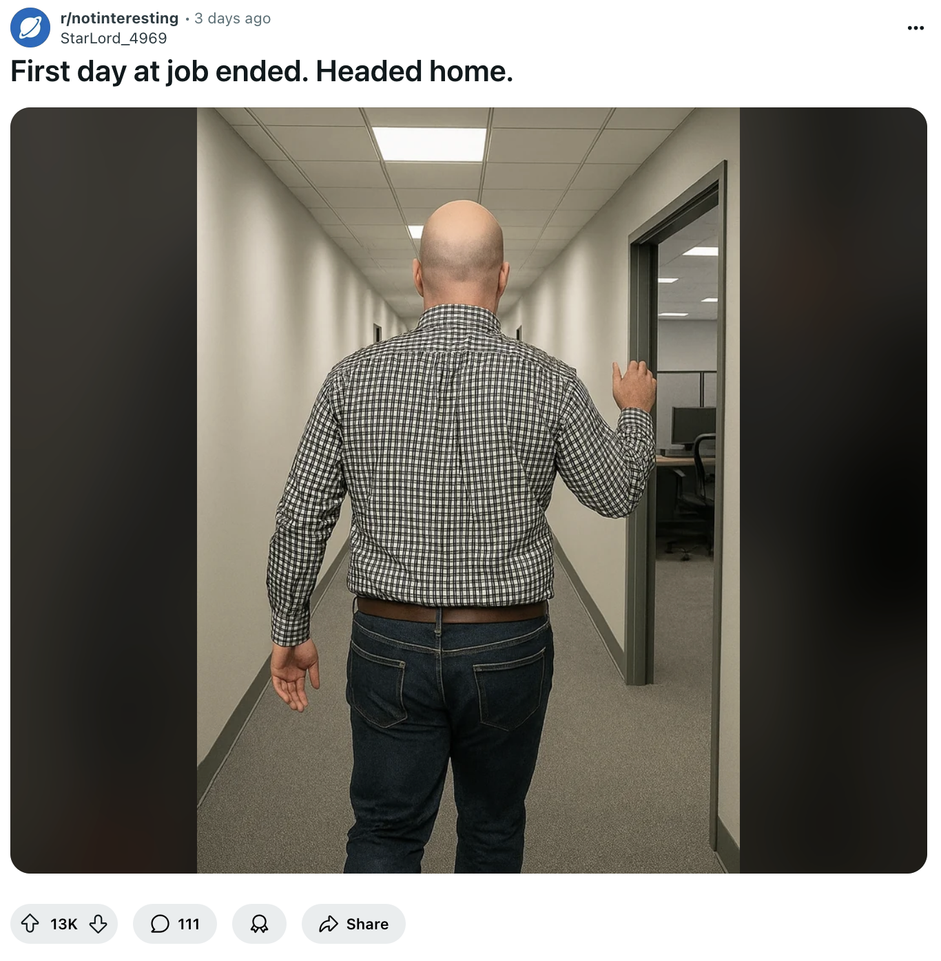 Redditor u/StarLord_4969 posted an AI-generated image of "John Interview," a character created by r/notinteresting members in July 2025. The image shows him with his back turned. 