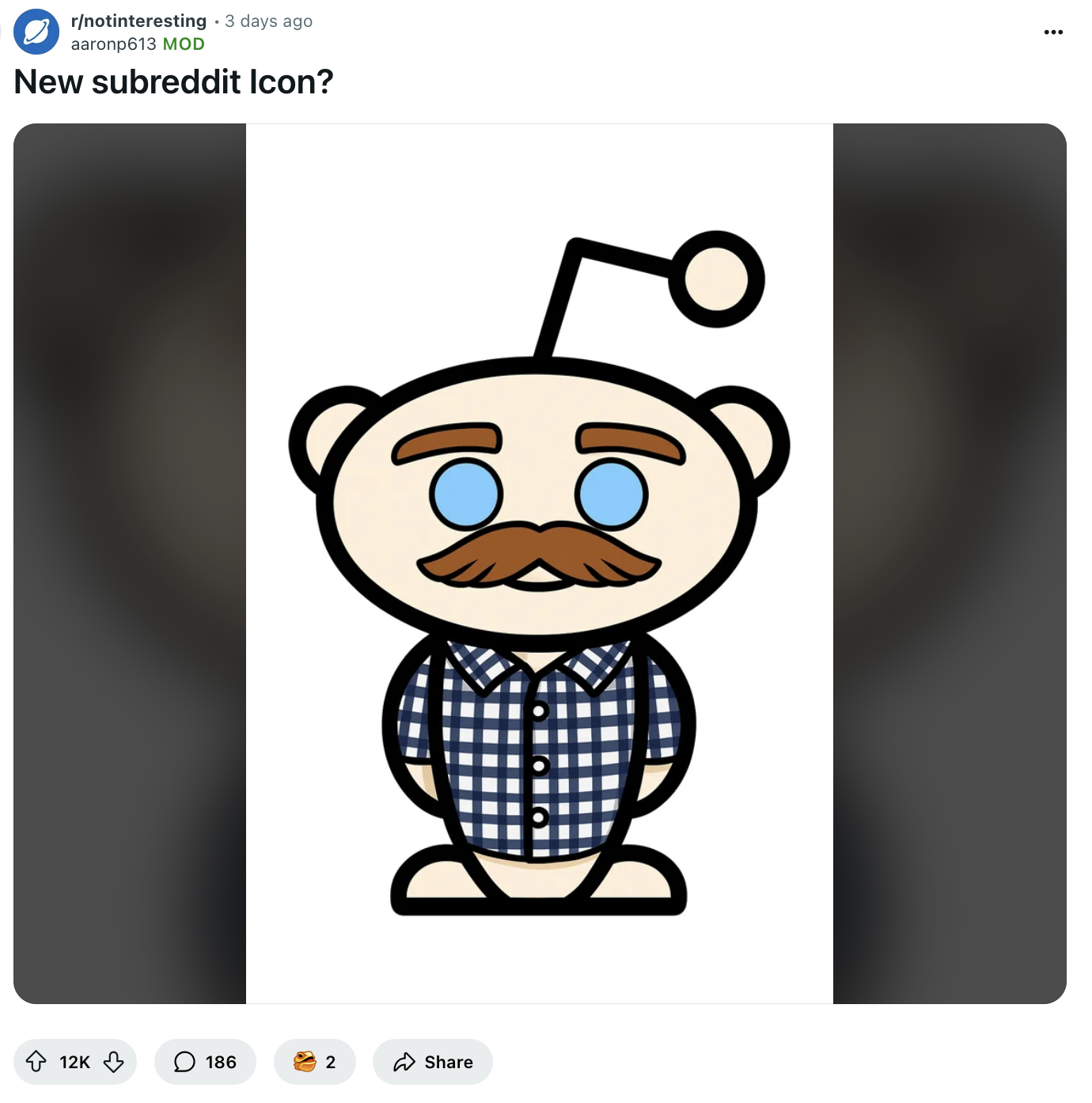 Redditor u/aaronp613 and r/notinteresting moderator posted a version of the subreddit mascot resembling the John Interview meme. The post gathered over 12,000 upvotes in three days.