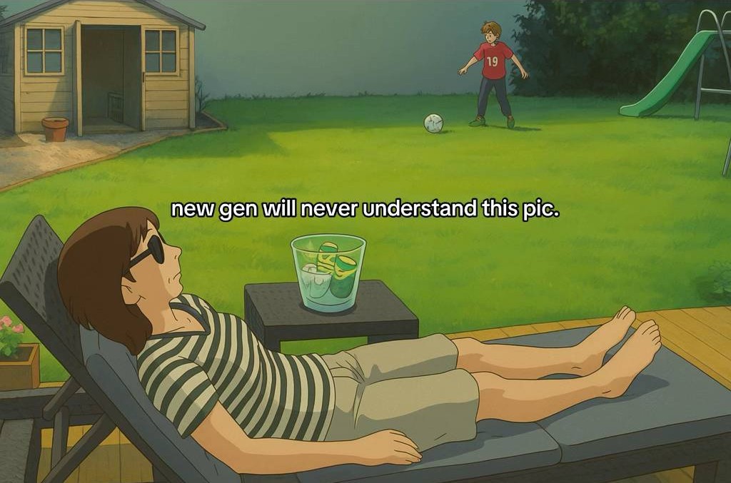 An AI-generated frame from a viral video captioned, "New gen will never understand this pic." The pic is from the viral video "W2S kicks a football in his Mums face."