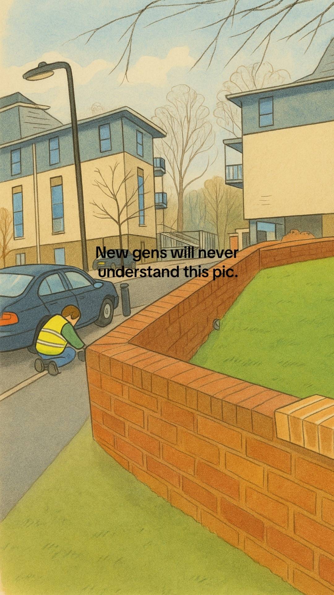 An AI-generated frame from a viral video captioned, "New gen will never understand this pic." The image is from the viral video "Why you coming fast."