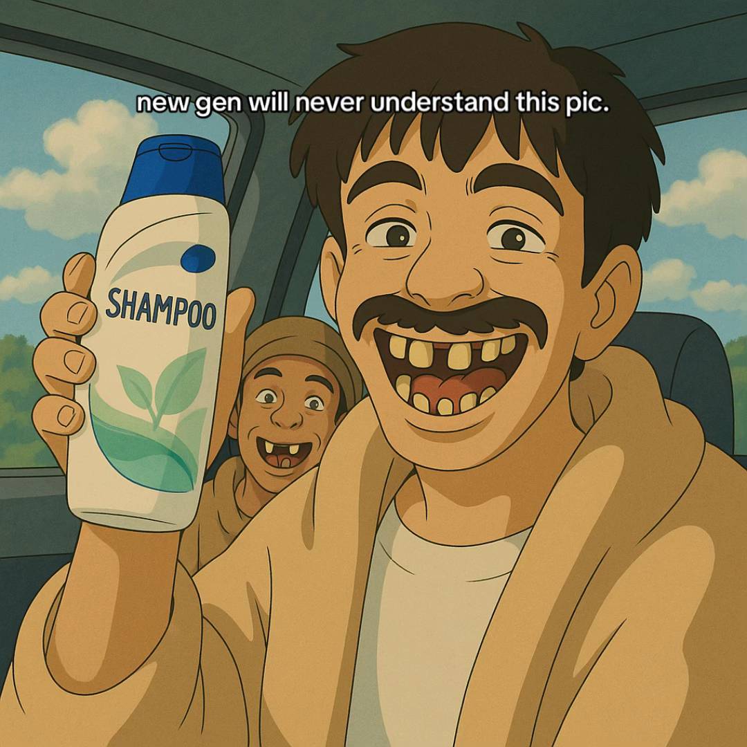 An AI-generated frame from a viral video captioned, "New gen will never understand this pic." The image is from a video known as "Arab says Shampoo in car."