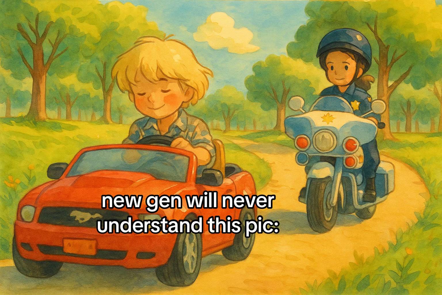 An AI generated frame from a viral video. The video is known as "sidewalk cops."