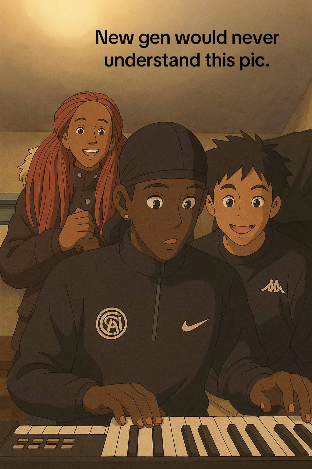 An AI-generated frame from a viral video captioned, "New gen will never understand this pic." The frame is from the video "on my knees everyday."