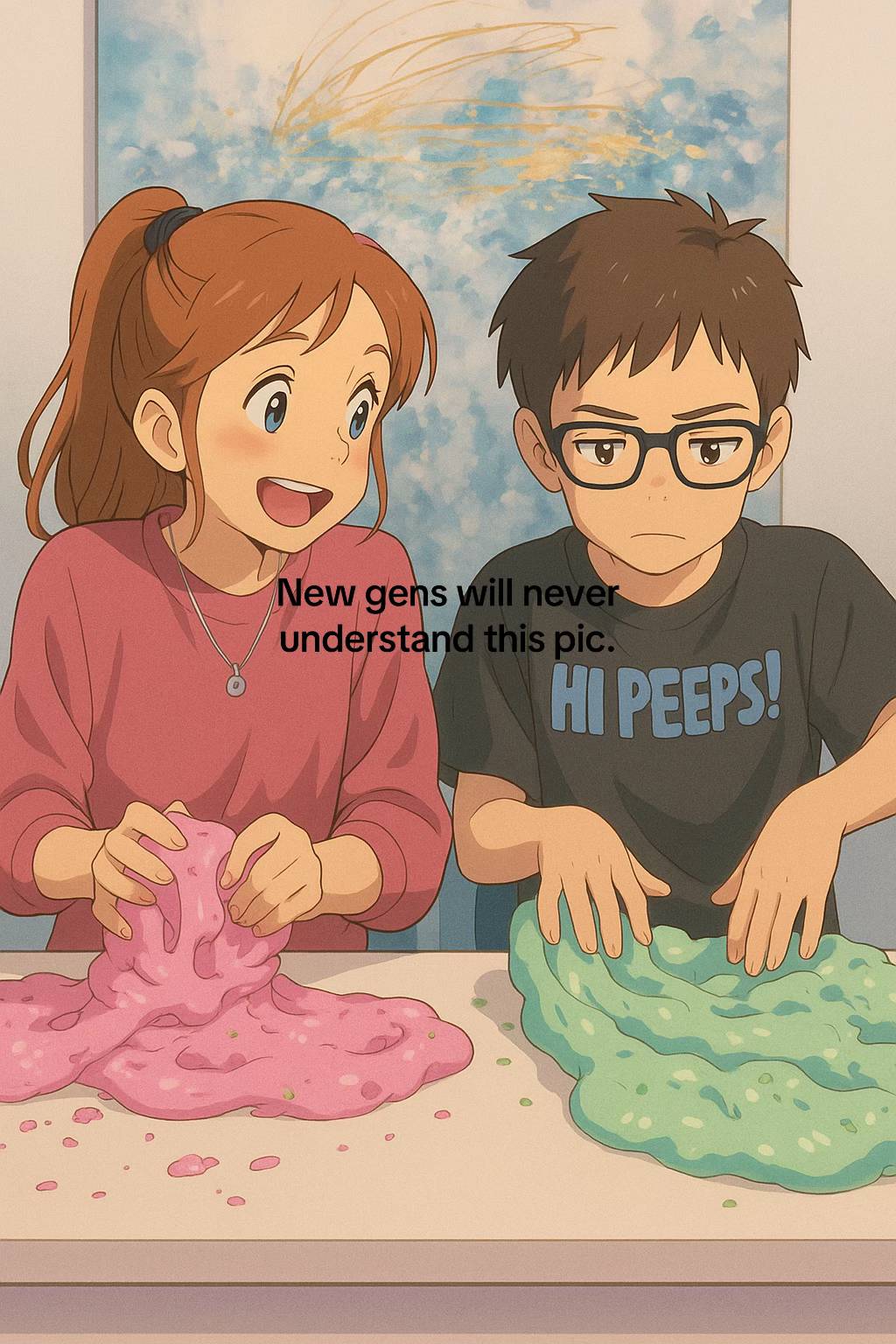 An AI-generated frame from a viral video captioned, "New gen will never understand this pic." The frame is from a "sis vs bro" video.