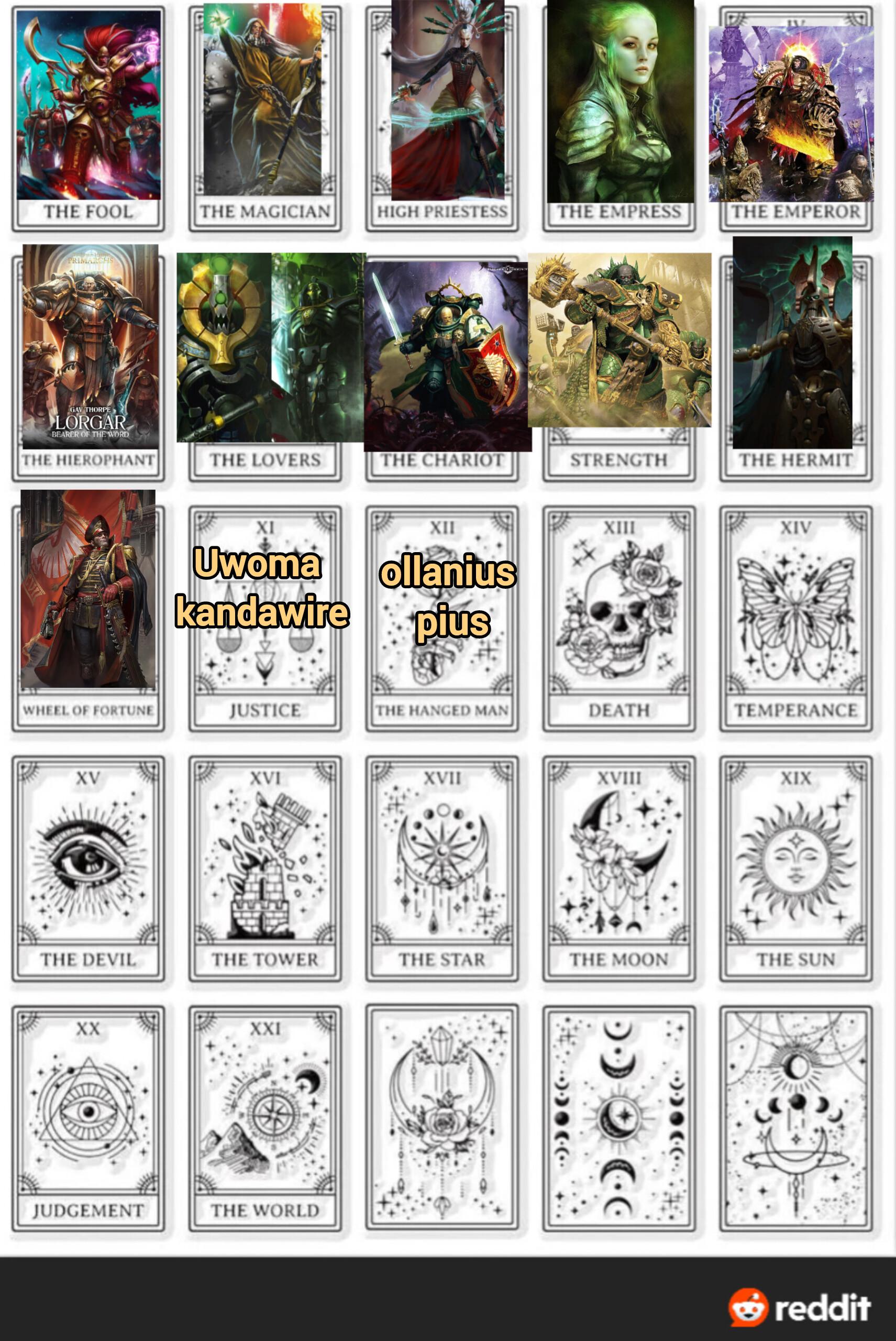 THE FOOL THE MAGICIAN HIGH PRIESTESS THE EMPRESS THE EMPEROR PRIMARCHS GAV THORPE LORGAR BEARER OF THE WORD THE HIEROPHANT THE LOVERS THE CHARIOT STRENGTH THE HERMIT XI XII XIII Uwoma ollanius kandawire pius XIV WHEEL OF FORTUNE JUSTICE THE HANGED MAN DEATH TEMPERANCE XV XVI XVII XVIII XIX THE DEVIL THE TOWER THE STAR THE MOON THE SUN XX XXI JUDGEMENT THE WORLD • reddit