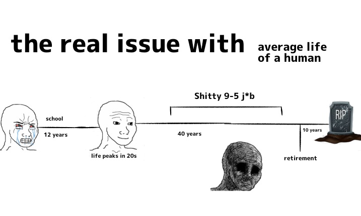 the real issue with average life of a human school 12 years life peaks in 20s S----- 9-5 j*b 40 years 10 years retirement RIP