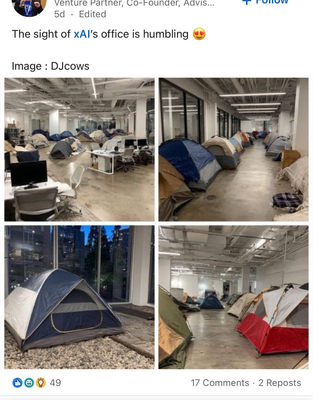 Venture Partner, Co-Founder, AdviS... 5d. Edited The sight of xAl's office is humbling Image: DJcows 49 17 Comments · 2 Reposts