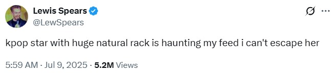 A tweet reading, "kpop star with huge natural rack is haunting my feed i can't escape her." The tweet is referring to Kwon Eunbi.