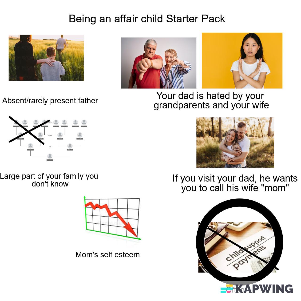 Being an affair child Starter Pack Absent/rarely present father Large part of your family you don't know Mom's self esteem Your dad is hated by your grandparents and your wife If you visit your dad, he wants you to call his wife "mom" child support payments KAPWING