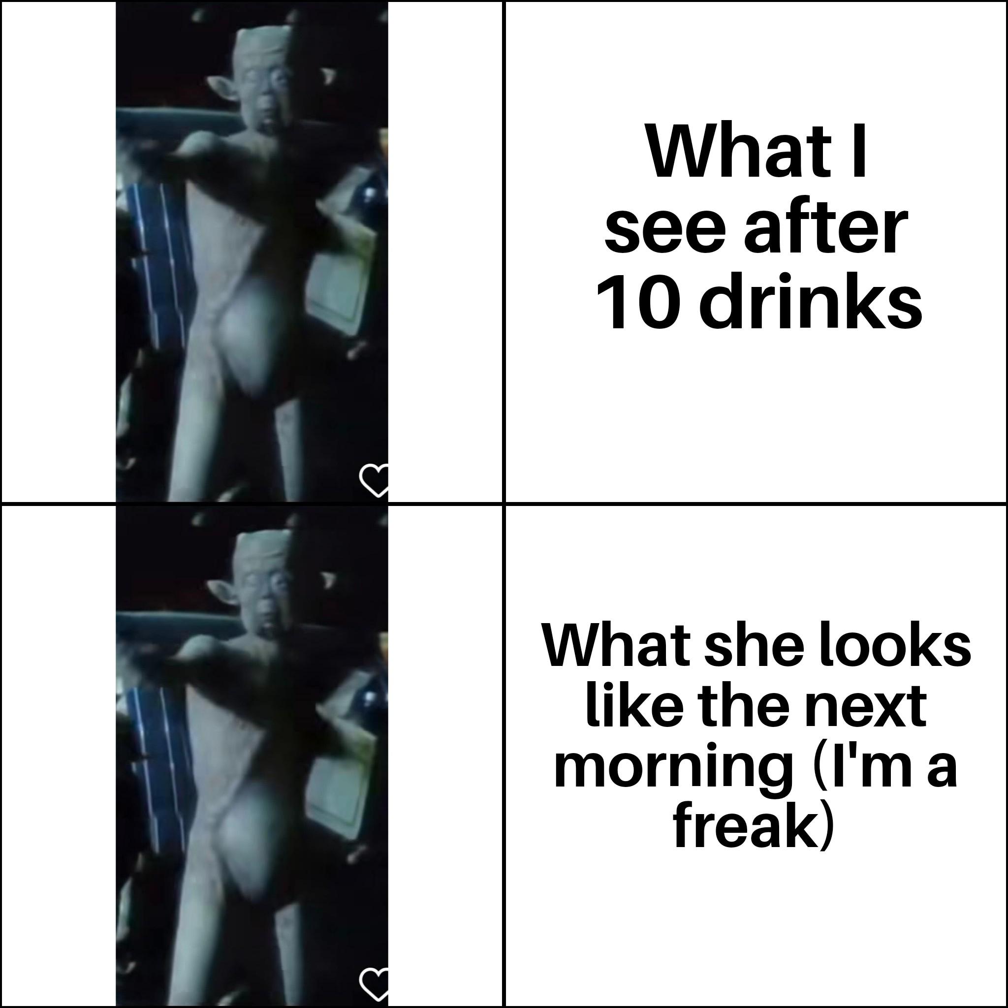What I see after 10 drinks What she looks like the next morning (I'm a freak)