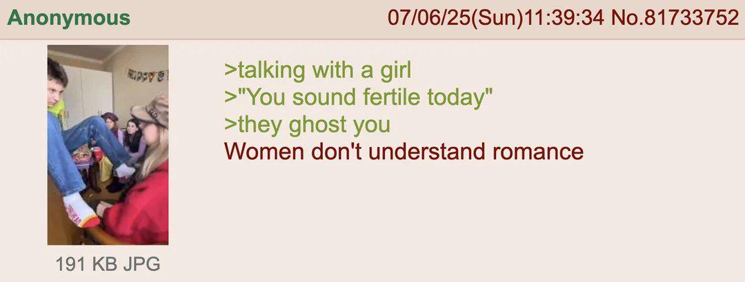 Anonymous 07/06/25(Sun)11:39:34 No.81733752 >talking with a girl >"You sound fertile today" >they ghost you Women don't understand romance 191 KB JPG