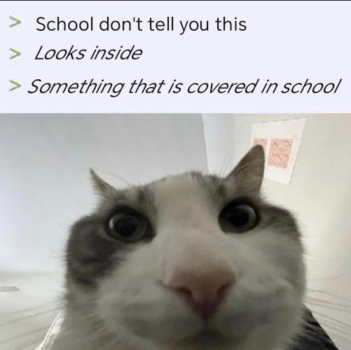 > School don't tell you this > Looks inside > Something that is covered in school