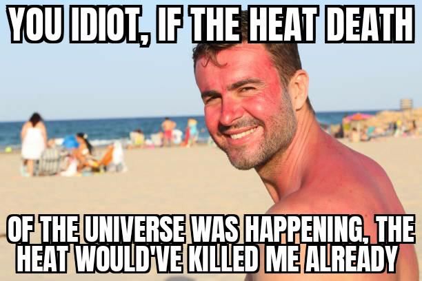 YOU IDIOT, IF THE HEAT DEATH OF THE UNIVERSE WAS HAPPENING, THE HEAT WOULD'VE KILLED ME ALREADY
