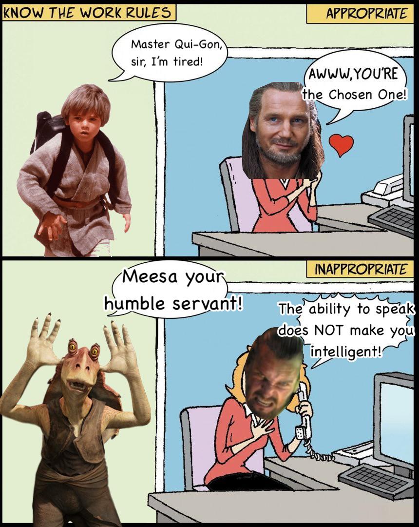 KNOW THE WORK RULES Master Qui-Gon, sir, I'm tired! Meesa your humble servant! APPROPRIATE AWWW.YOU'RE the Chosen One! INAPPROPRIATE The ability to speak does NOT make you intelligent!
