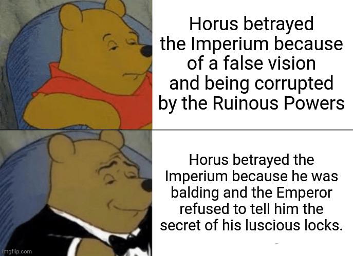 imgflip.com Horus betrayed the Imperium because of a false vision and being corrupted by the Ruinous Powers Horus betrayed the Imperium because he was balding and the Emperor refused to tell him the secret of his luscious locks.