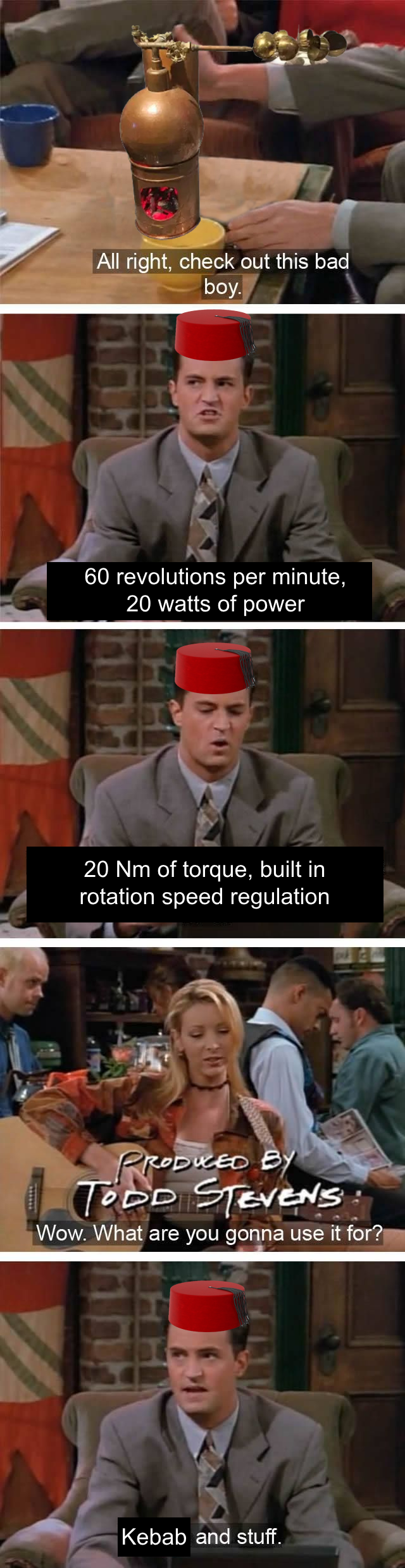 All right, check out this bad boy. 60 revolutions per minute, 20 watts of power 20 Nm of torque, built in rotation speed regulation PRODUCED BY TODD STEVENS Wow. What are you gonna use it for? Kebab and stuff.