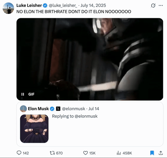 X user @luke_leisher_ posted a GIF from _Interstellar_, jokingly implying that the Grok Companion Ani will negatively affect national "birth rate." The post gathered over 15,000 likes in a day.