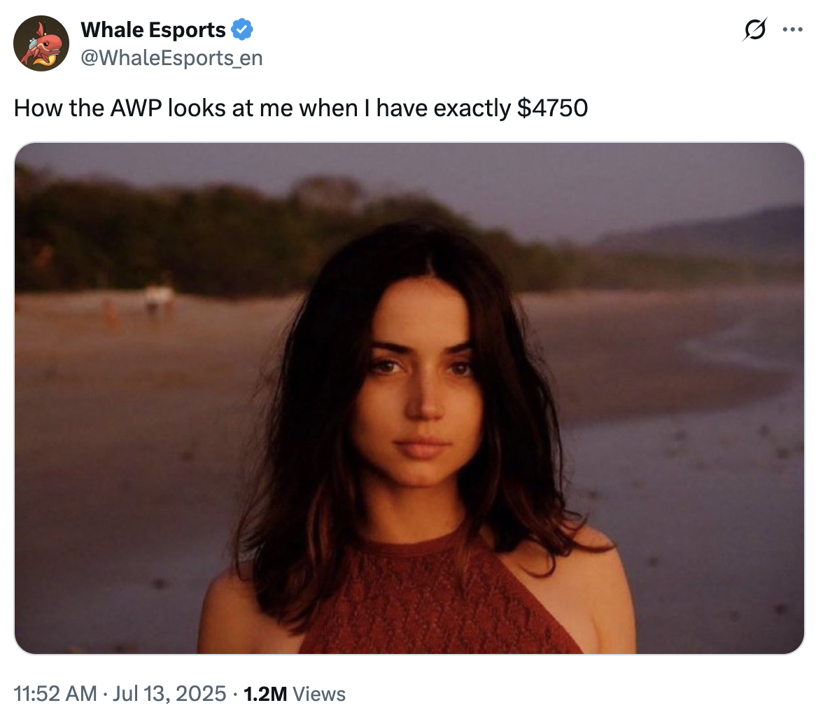 A "tweet":https://knowyourmeme.com/memes/sites/twitter-x using the Ana de Armas Beach Look photo, captioned, "How the AWP looks at me when I have exactly $4750."